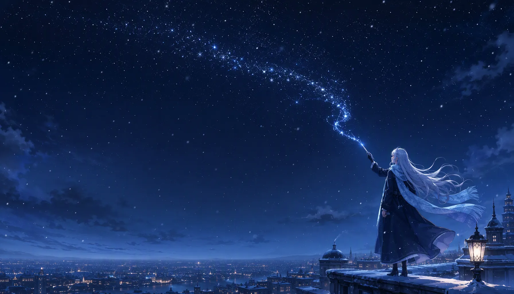 雪夜天台，银蓝长发的少女举起结霜的钢笔，笔尖的星光划出弧线掠过夜空