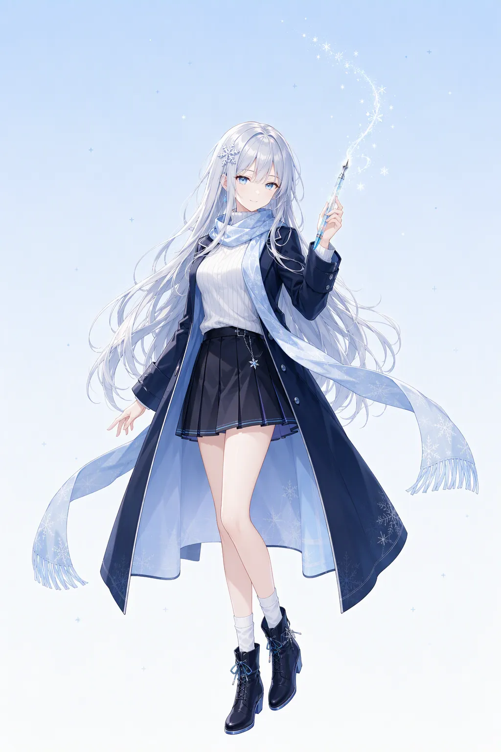 看板娘立绘:银蓝长发的少女穿深蓝长风衣,手持结着霜花的钢笔,笔尖飘起一串星点