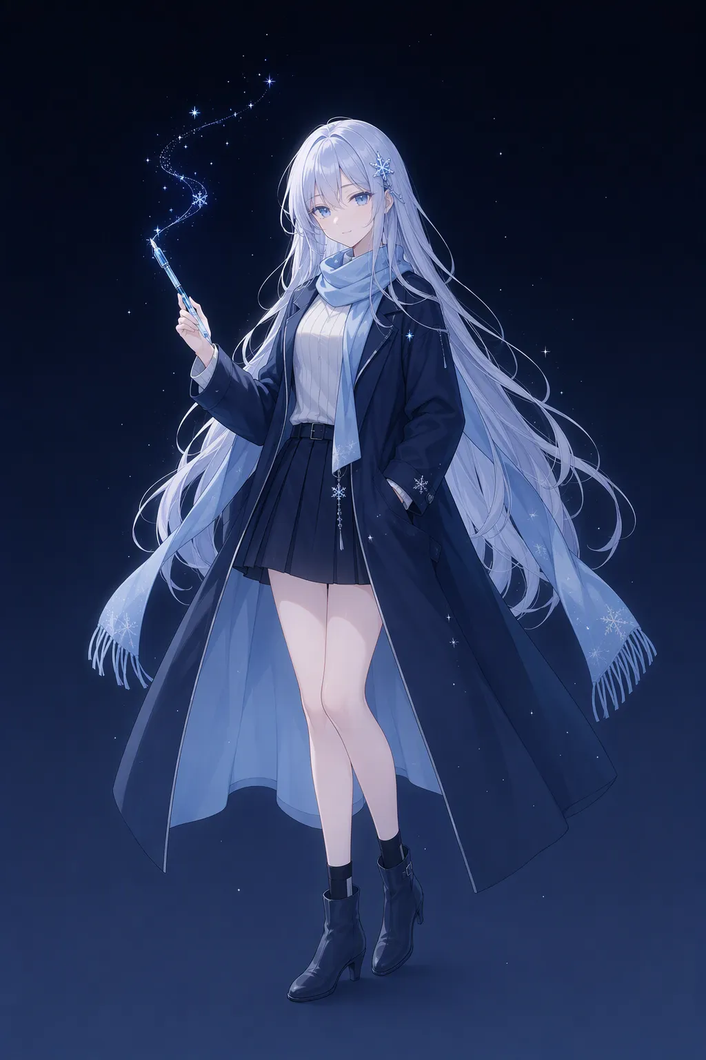 看板娘立绘:银蓝长发的少女穿深蓝长风衣,手持结着霜花的钢笔,笔尖飘起一串星点